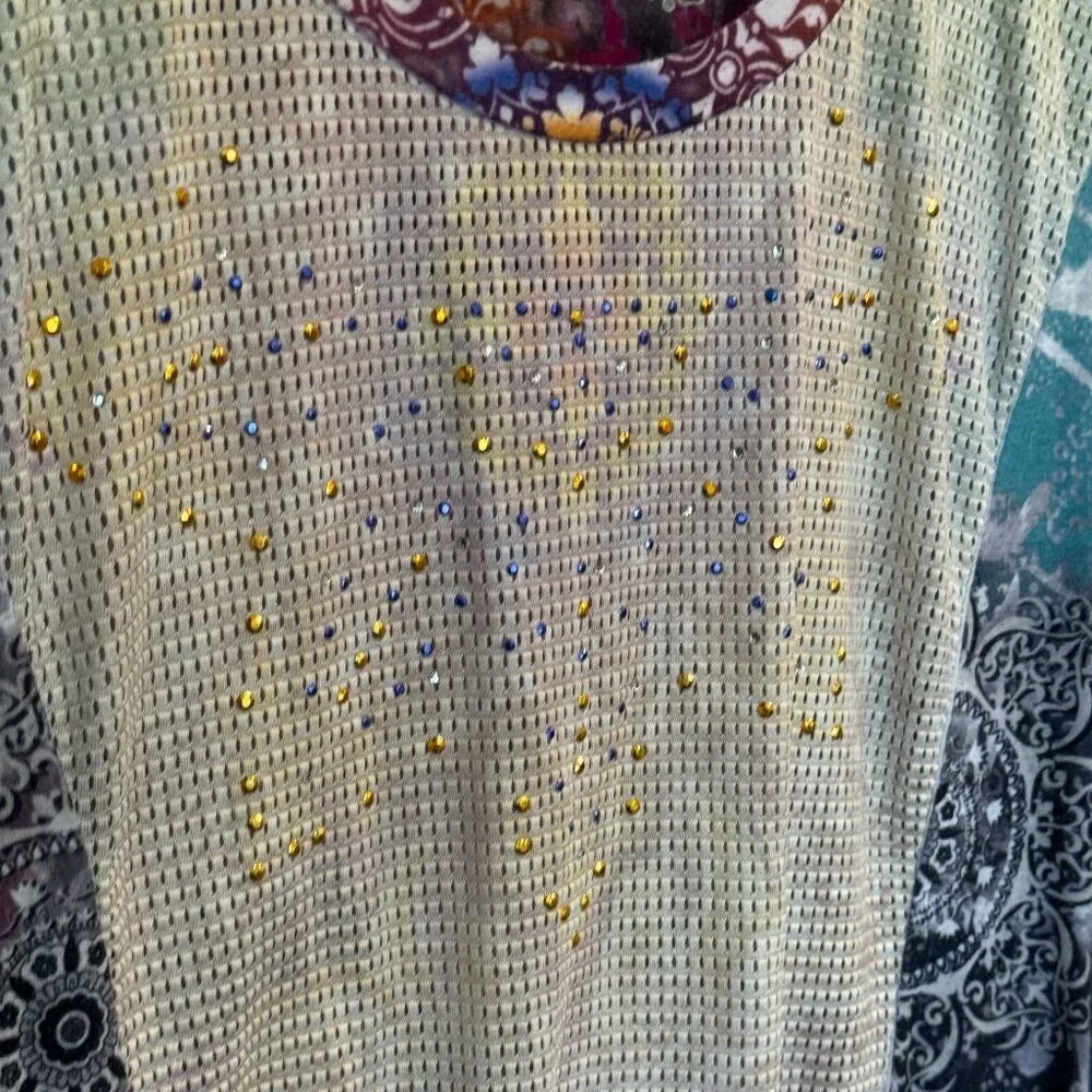 One World Live & Let Live Boho Patchwork Rhinestone Tee โ Size S - Picture 2 of 4